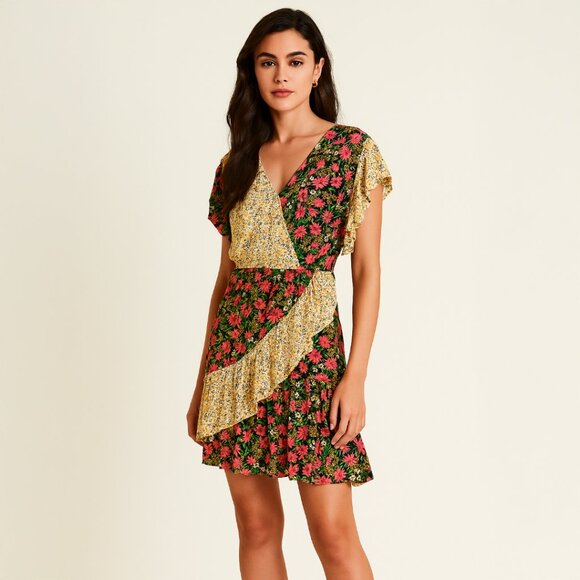 A316 • Mixed Floral Ruffle Wrap Dress - Picture 1 of 3